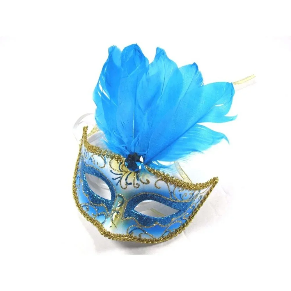 Eye Mask Womens Halloween Mardi Gras Feather Blue Masquerade Mask One Size New